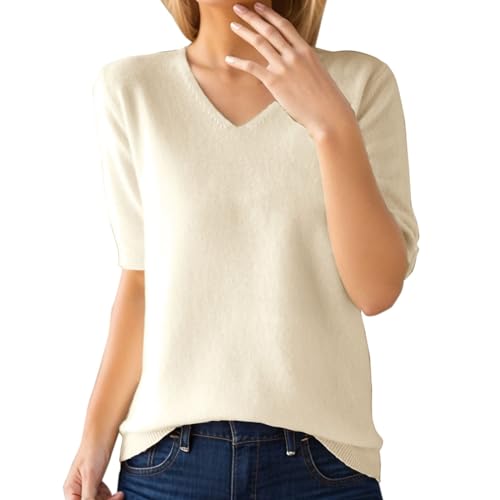 Feinstrickpullover Damen Kurzarm, Strickpullover Damen Winter Kurz, Pulloverkleid Elegant Pullover V Ausschnitt Oberteile Einfarbig Weich Strickpulli...