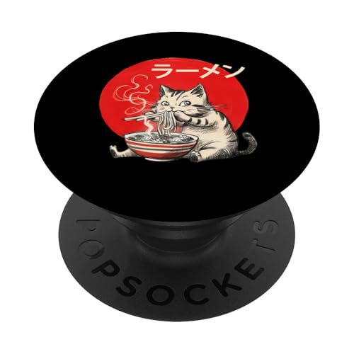 Gato Comiendo Ramen Fideos Japoneses Retro Hiragana PopSockets PopGrip Intercambiable