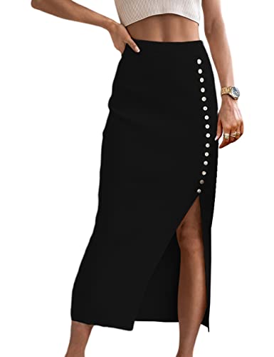 Pasgreson Women's Sexy High Waist Bodycon Stretchy Button Front Long Party Club Night Out Clubwear Pencil Maxi Skirts(Black,M) #TOP5