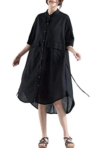 Blusa De Lino De Manga Corta para Elegante Vintage Camisa Damas Larga De Gran Tamaño Casual Moda para Mujer Color Sólido Suelta Camisa De Manga Media Vestido De Gran Tamaño Camiseta Tops