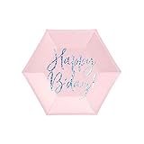 PartyDeco Plato de papel rosa con texto iridiscente Happy B'day – Plato de cumpleaños decoraciones de mesa, vajilla de papel desechable