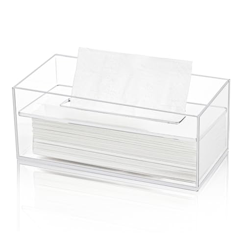 Dicunoy Clear Tissue Box Holder, Rectangular Facial Paper Holder with Removable Cover, Acrylic Napkin Dispenser for Vanity Counter, Dresser, Office, Bathroom, 25x12x10cm
