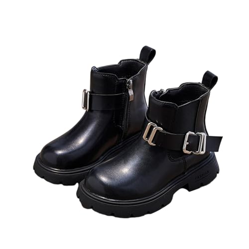 Girls Trendy Ankle Boots Waterproof Side Zipper Booties Chunky Low Heel Non-Slip Combat Short Boot with Buckles