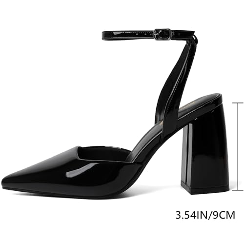 RIBONGZ Block Heels for Women Closed Pointed Toe Heeled Slingback Chunky High Heel Ankle Strap Pumps Patent Leather Comfort Dressy Shoes for Work Party Prom Wedding Bridal Dress2