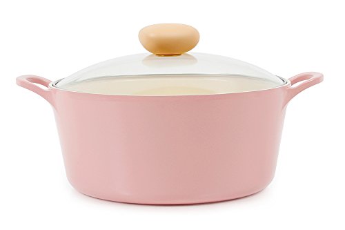 Neoflam Retro 5qt Non-Stick Ceramic Coated Stockpot with Integrated Steam Vent, Silicone Hot Handle Holder Included, Saute Pot, Casserole, Dutch Oven, 5-QT w/Glass Lid, Pink