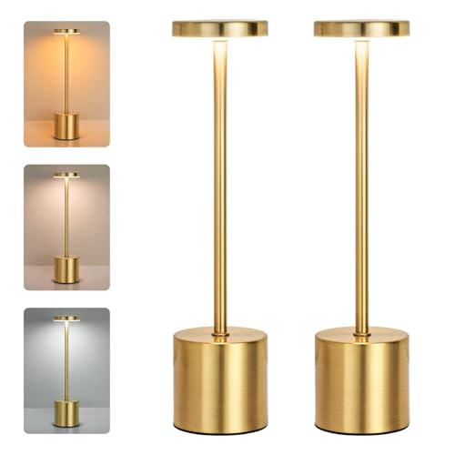 Gold Cordless Table Lamp, 2PCS Rechargeable 5200mAH Battery Operated Touch Desk Lamp, 3 Color Stepless Dimming Up Bedside Lamps, Portable LED Small Desk Light for Bedroom/Restaurant Lighting (Gold)