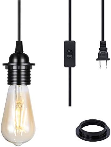 2-Pack Plug in Pendant Light, HUIBONA 15FT Vintage Hanging Lantern Light Cord E26/E27 Socket, Black Pendant Light Kit with in-Line On/Off Switch and Lampshade Ring
