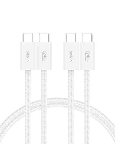 Belkin 2 szt. Kabel w oplocie USB-C na USB-C 240 W o długości 1,5M, – miękki Kabel typu C do szybkiego ładowania urządzeń iPhone serii 17 i 16, Galaxy S25, Pixel 10, iPad Pro i innych – biały