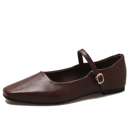 Women's Classic Retro Square Toe Flat Mary Jane Shoes Fashionable and Comfortable Walking Flat Shoes with Buckles (Brown,8)