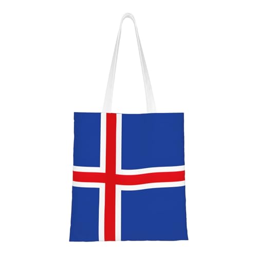 Flag Of Iceland Print Reusable Canvas Tote, Shopping Bag With Handles For Daily And Grocery Use