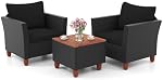 ORALNER 3 Ensemble de meubles de patio, Chaises de conversation en osier d'extérieur avec coussin doux et Acacia Table à café, Bistro Rattan pour jardin de balcon côté piscine de porche (noir)