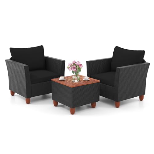 ORALNER 3 Pieces Patio Furniture Set, Outdoor Wicker Conversation Chairs with Soft Cushion and Acacia Lift-Top Coffee Table, Rattan Bistro Set for Balcony Garden Backyard Front Porch Poolside (Black)
