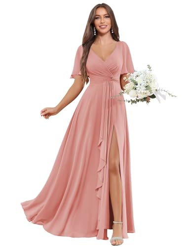 Women's Short Sleeve Pleated Bridesmaid Dresses for Wedding Chiffon Slit Formal Gown with Pocket