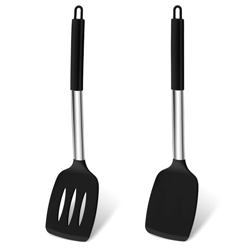 Pfannenwender, Homikit Silikon Küchenhelfer Küchenutensilien mit Edelstahlgriff, Hitzebeständig Geschlitzt Schwarz Pfannenwender Spatel Kochbesteck 2er Set zum Kochen Backen Wenden, Spülmaschinenfest