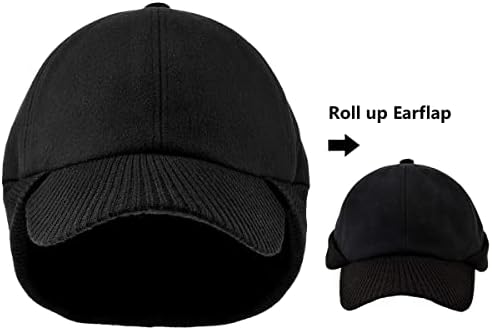 Mens Wool Winter Baseball Cap with Warmer Earflap Outdoor Beanie Ski Visor Hat