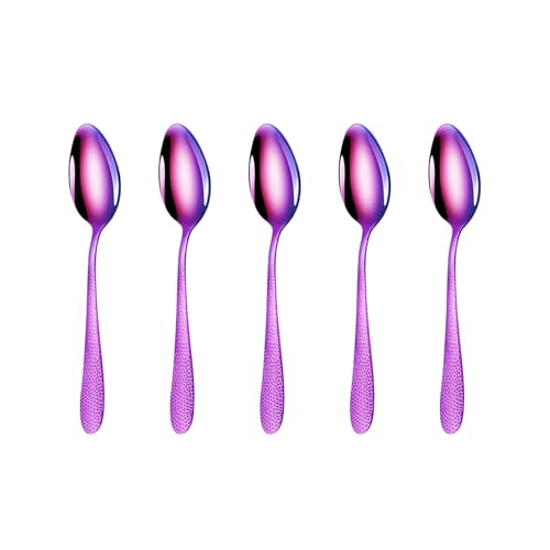 Image of 6.7 inch Rainbow Hammered Dessert Spoons | Set of 5 Durable Stainless Steel Teaspoons | Mirror Polished Silverware for Home, Restaurants, and Gift Giving