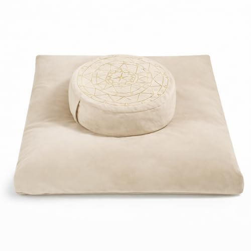 ellier Zafu & Zabuton Meditation Cushion Set - Buckwheat Hull & Memory Foam Pillows, Ergonomic Support for Yoga, Mindfulness - Organic Velvet Cover, Large Size, Durable Comfort (Khaki)