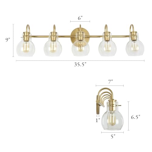 Image of KSANA Bathroom Vanity Light, 5-Light Large Gold Wall Light Fixtures, Modern Vanity Lights Over Mirror with Globe Clear Glass Shades