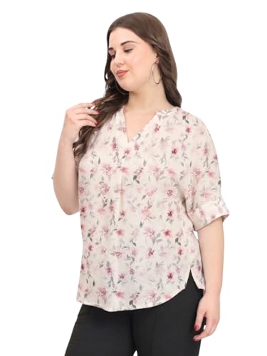 Image of SINDOORI Relaxed Fit Tops for Women Plus Size Solid Printed Mandarin Collar, Band Collar, V-Neck Top, Half Sleeve Loose Fit