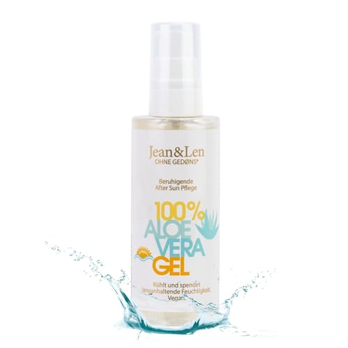 Jean & Len Après Sun Gel Aloe Vera, calma y refresca la piel, hidrata, sin siliconas, nanopartículas, emulsionantes, microplásticos, aceite mineral, fragancias y colorantes, vegano, 100 ml
