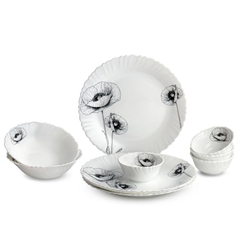 Image of CELLO Wild Poppy Dazzle Series Opalware Dinner Set of 10 Pieces for Family of 4 | Bone-Ash Free & Leadfree Opal Glass, Microwave & Dishwasher Safe Plates & Bowls Crockery Set for Dining & Gifting