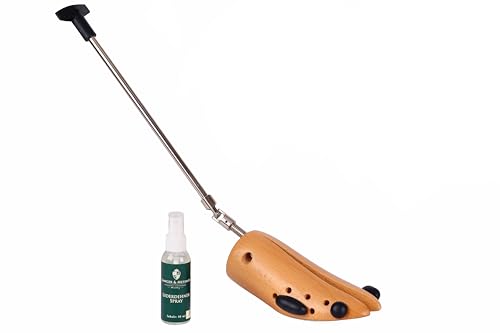 Lång och knivskosträckare för kvinnor mot tryckande skor, stövlar eller höga klackar – gjord av massivt bokträ och metallmekanik – sträcker i bredd eller längd och bredd inkl. lädersträckningsspray,