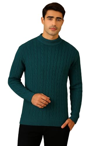 Image of Kvetoo Men's High Neck Cable Knit Sweater | Winter Pullover | Warm Wool Blend |Casual Full Sleeve Sweater for Men | Stylish Ribbed Neck Slim Fit Winterwear