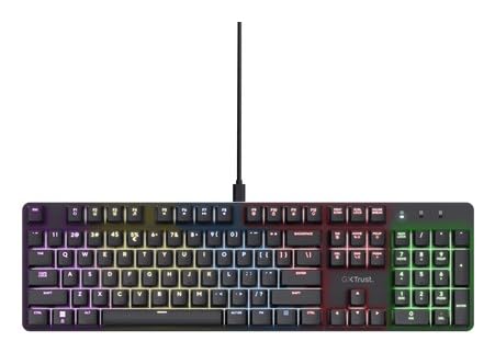 Trust GXT 871 Zora Teclado mecánico QWERTY EE.UU. con iluminación RGB, Interruptores Huano Lineal, Software Incluido, Anti-Ghosting N-Key Rollover USB programable Gaming Keyboard PC portátil