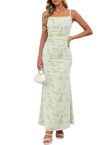 Zelroxa Women Sleeveless Spaghetti Strap Maxi Dresss Ruched Bodycon Vacation Beach Sundress Floral Wedding Backless Mermaid Square Neck Pastel Bandage Boho Summer Slip Dresses Green