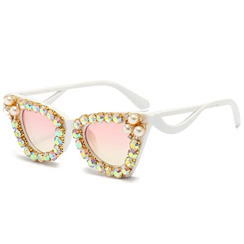 LJCZKA Sparkling Crystal Cat Eye Sunglasses Women Square Rhinestone Pearl Sun Glasses Party Diamond Bling Punk Eyewear3