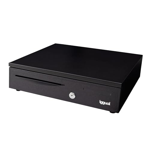 Iggual – Cajón Portamonedas IRON-20, Caja Efectivo Registradora Manual o Automática RJ11(12V), Compartimento x4 Billetes y x8 Monedas, Cerradura 3 Posiciones Bloqueo, 42x40.5x10cm, Carcasa Acero Negro