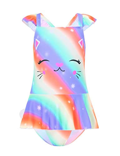 Geru Girls One Piece Rash Guard Swimsuit Quick Dry Cat Print Ruffle Surfing Water Sport Sun Protection Upf 50+ Beach Bathing Swimwear Purple 9-10 Years #TOP22