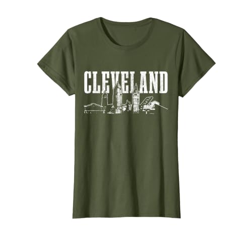 Cleveland Ohio Skyline Pride Vintage Cleveland T-Shirt, Women, Olive Green, Large