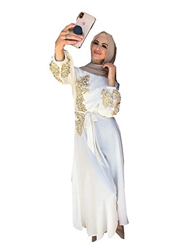 HZUX Elegant Muslim Women's Long Dress Women Dubai Dress Kaftan Abayas Islamic Abaya White