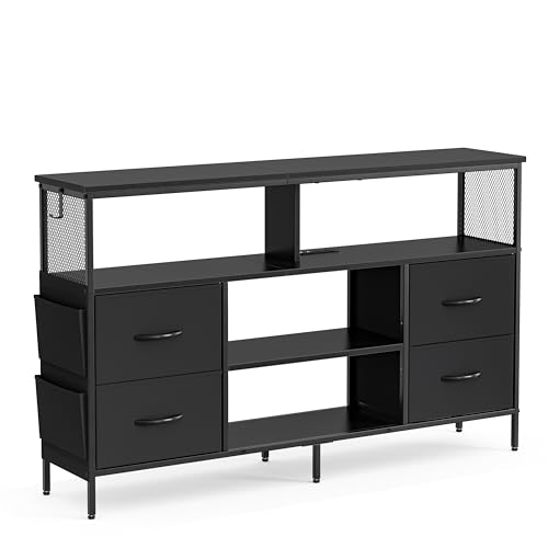 IKIFLY チェスト収納 タンス 棚付き 箪笥リビング収納チェスト LEDライト付き テレビボード おしゃれ 収納ケース 引き出し 大容量 USBポート付き洋服タンス 布製 玄関キャビネット 収納ボックス マルチチェス 整理タンス 寝室収納 一人暮らし【幅140×奥行30×高さ82cm】ブラック