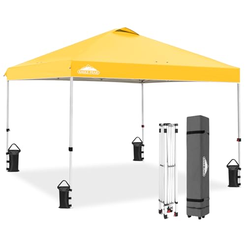 EAGLE PEAK Pop Up Canopy Tent with Wheeled Carry Bag, 8 Stakes, 4 Ropes, 4 Weight Bags, Easy Set Up Tent Canopy, 10x10 ft, 100sqft of Shade, Yellow