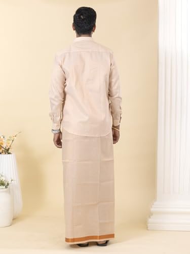 Image of RAMRAJ COTTON Men Gold Tissue Jacquard Full Sleeves Shirt with Matching Dhoti Set