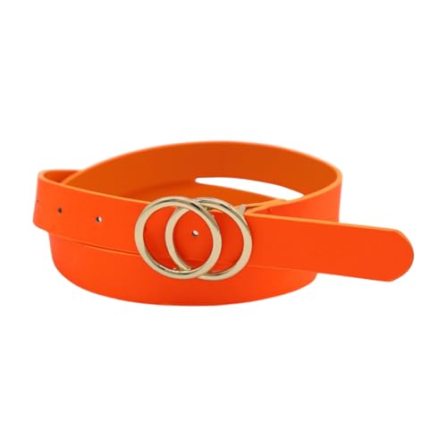 Women’s Neon Orange Skinny Fashion Belt – Faux Leather Waist or Hip Strap with Double Gold Circle Buckle – Adjustable Fit Small to Medium – Trendy Y2K Party Belt for Casual or Dressy Outfits