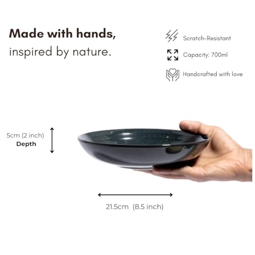 Image of Beyond Homes Handcrafted Ceramic Pasta Bowl Set, 21 cm | Microwave & Dishwasher Safe Pasta Plates Glossy Finish | Deep Plate | Ceramic Serving Pasta Bowl, 650 ml Each (Midnight Blue Set of 2)