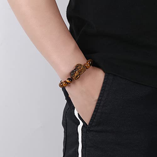 Xiaocao8 Handmade Good Luck Bracelet Chinese Pixiu Tiger Eye Stone Beaded Bracelets for Men and Women Feng Shui Jewelry (10MM) - Image 3