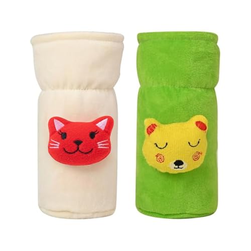 Image of Soft Plush Stretchable Baby Feeding Bottle Cover Easy to Hold Strap with Cute Animated Cartoon| Suitable for 60-125 Ml Feeding Bottle (Cream-Green)