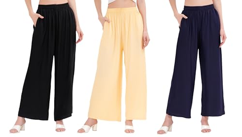 Image of Buy That Trendz Palazzo Pants for Women Rayon Elasticated Regular Fit Flared Wide Leg M to 6XL Pack of 3