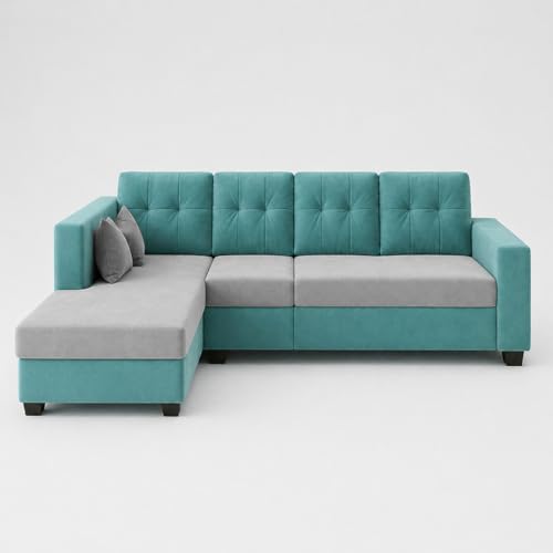 Image of FURNY Nathan 8 Seater L Shape Sofa Set LHS (Sky Blue-Light Grey) | Suede Velvet Finish | Durable Comfort Sofa for Modern Living Room & Office Spaces