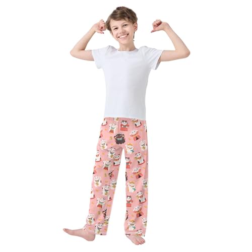 Funny Lucky Cat Boys Long Pants Soft Trousers Elastic Waist Kids Lounge Bottoms with Pockets S-XL2
