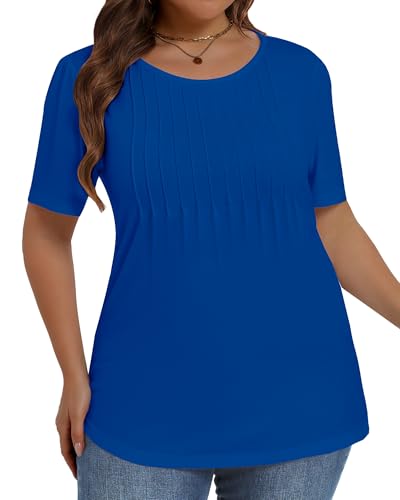 Image of Plus Size Tops for Women Pleated Summer Top Trendy Short Sleeve Shirts Casual Basic Tee Crew Neck Blouses 2026