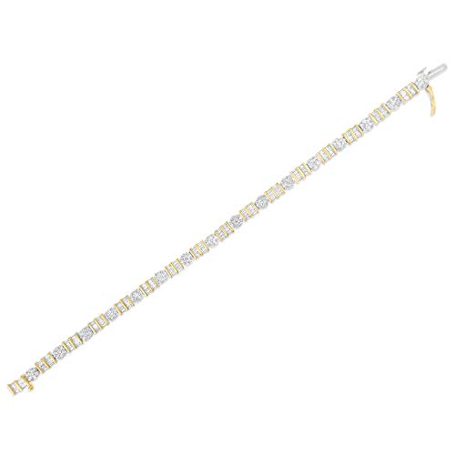 Haus Of Brilliance 14K White And Yellow Gold 3-3/8 Cttw Round & Baguette-Cut Diamond Cluster Two Tone Alternating Station 7" Tennis Bracelet (H-I Color, I1-I2 Clarity) #TOP5