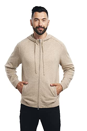 Beyond Fashion Men'S 100% Pure Cashmere Sweater Pocket Full Zip Hoodie Cardigan Oatmeal Size L