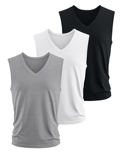 Ficerd 3 Pack Men's Big and Tall Workout Tank Tops, Cotton V Neck Sleeveless Gym Muscle T-Shirts Athletic Tee Summer Vest Top2