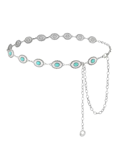 AWAYTR Western Turquoise Belt for Women - Cowgirl Concho Chain Belts for Jeans Dresses Country Concert Outfit