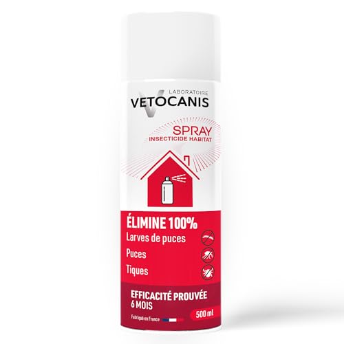VETOCANIS Spray Anti-Puces et Anti-Acariens pour la maison. Traite 140 m2. Elimine les Puces Adultes et les Œufs dans l'Environnement de votre Chien et Chat....